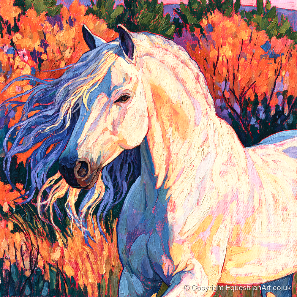Vibrant White Andalusian Horse - horse breed art print and canvas by Celia Harding A.I