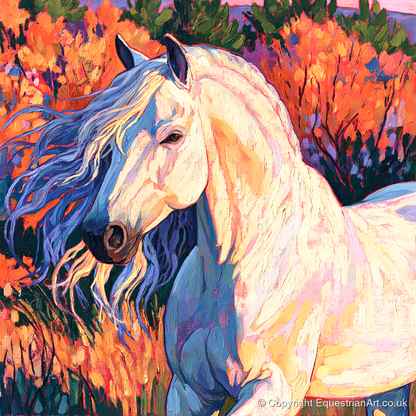 Vibrant White Andalusian Horse - horse breed art print and canvas by Celia Harding A.I