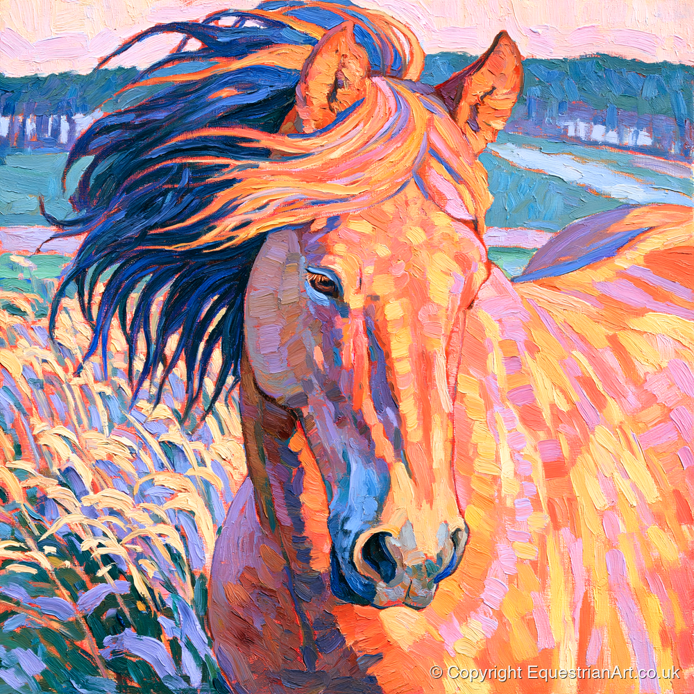 Vibrant Windblown Horse Portrait - horse breed art print and canvas by Celia Harding A.I