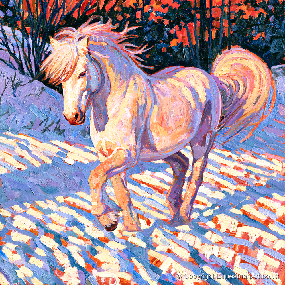 Vibrant Winter Horse in Snow - horse breed art print and canvas by Celia Harding A.I