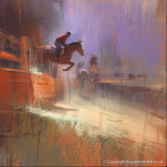 Violet And Sienna Ascent - show jumping horse art print and canvas by Rupert Kingsley A.I