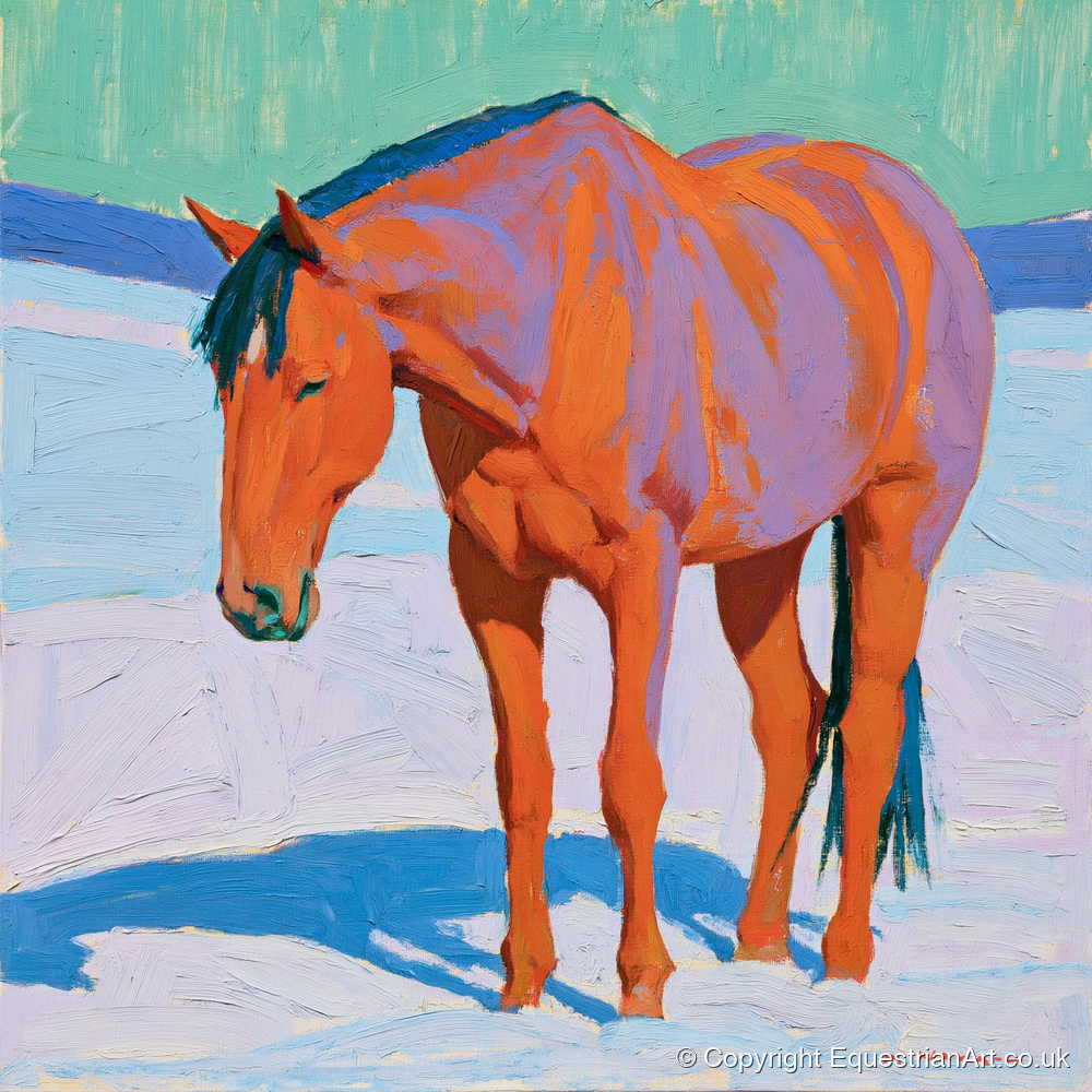 Vivid Chestnut Horse in Snow - horse breed art print and canvas by Marshall Davies A.I