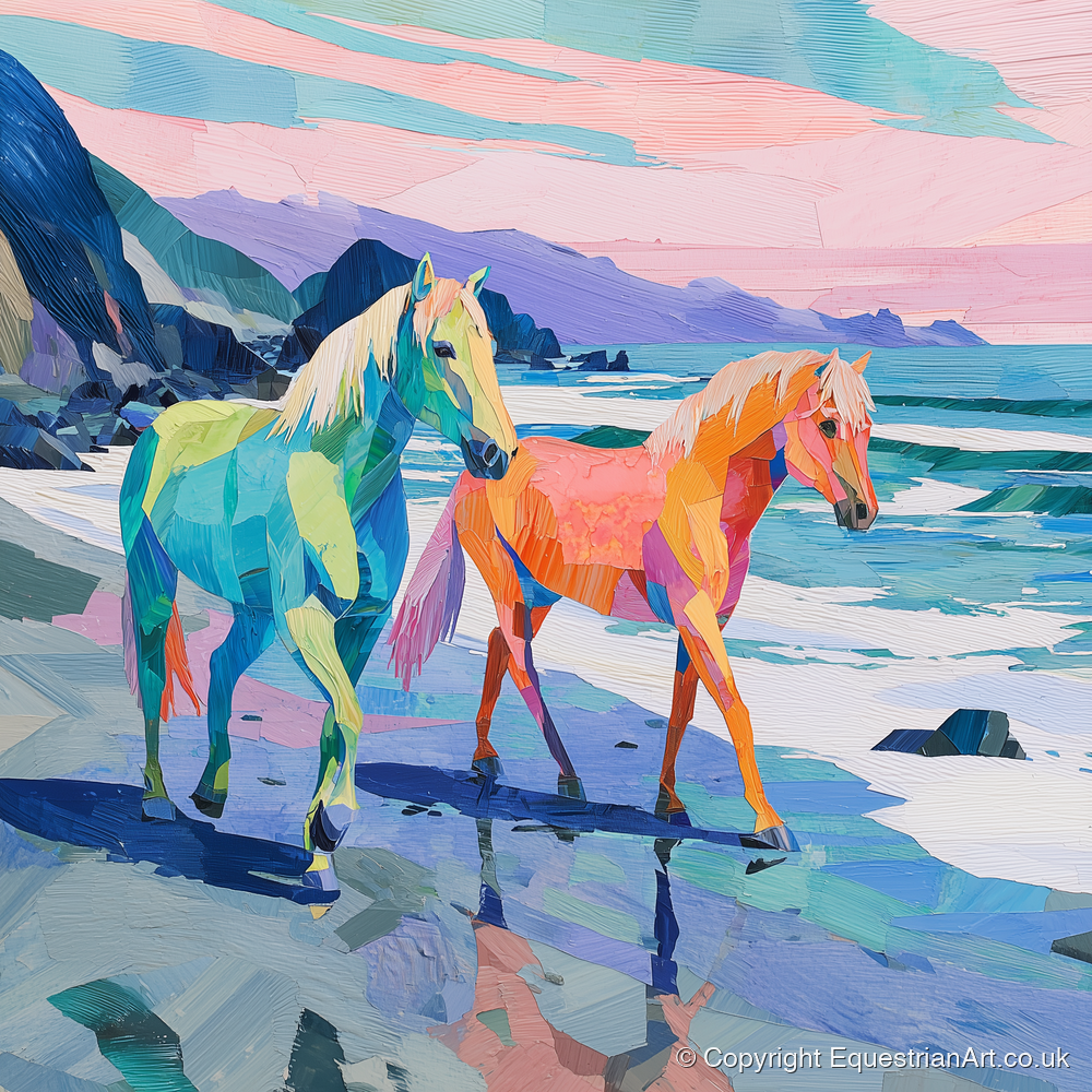 Vivid Coastal Companions - horse landscape art print and canvas by Sylvia Carmichael A.I