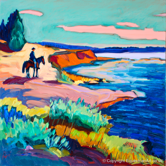 Vivid Coastal Hack - beach horse art print and canvas by Gideon Wright A.I
