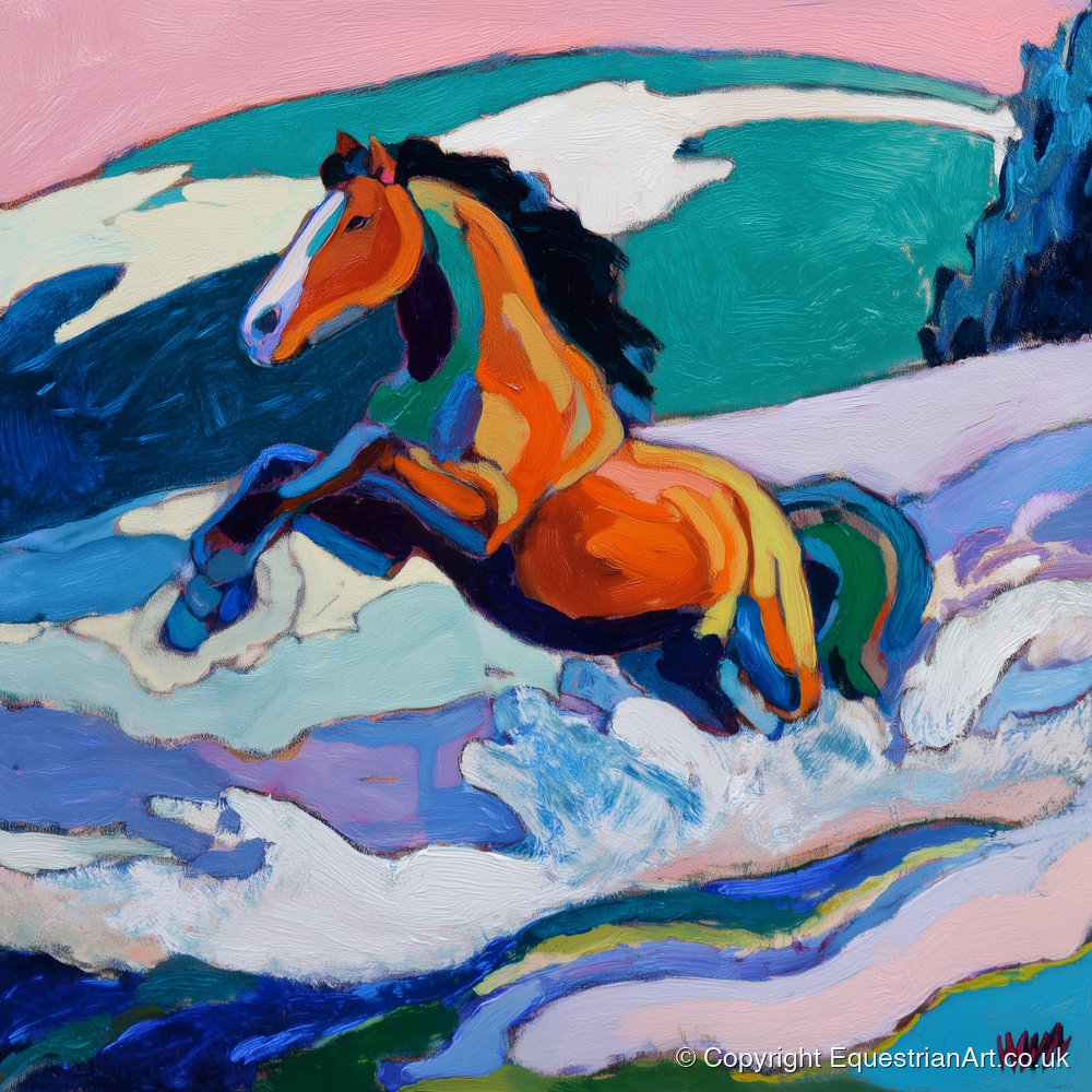 Vivid Coastal Leap - beach horse art print and canvas by Gideon Wright A.I