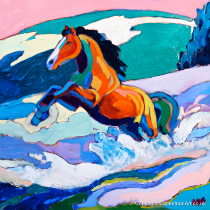 Vivid Coastal Leap - beach horse art print and canvas by Gideon Wright A.I