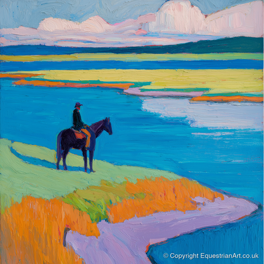 Vivid Coastal Solitude - beach horse art print and canvas by Marshall Davies A.I