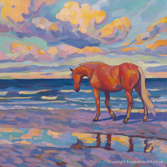Vivid Coastal Solitude - horse landscape art print and canvas by Celia Harding A.I