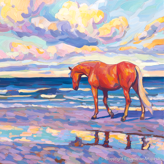 Vivid Coastal Solitude - horse landscape art print and canvas by Celia Harding A.I