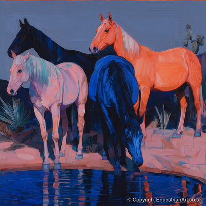 Vivid Desert Oasis - wild horses art print and canvas by Evander Winslow A.I