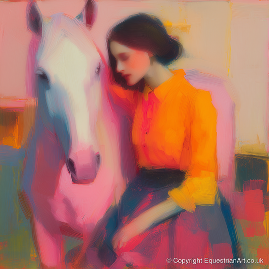 Vivid Embrace - horse & rider art print and canvas by Rosalind Pierce A.I