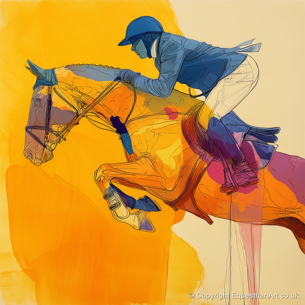 Vivid Golden Ascent - show jumping horse art print and canvas by Tobias Blake A.I