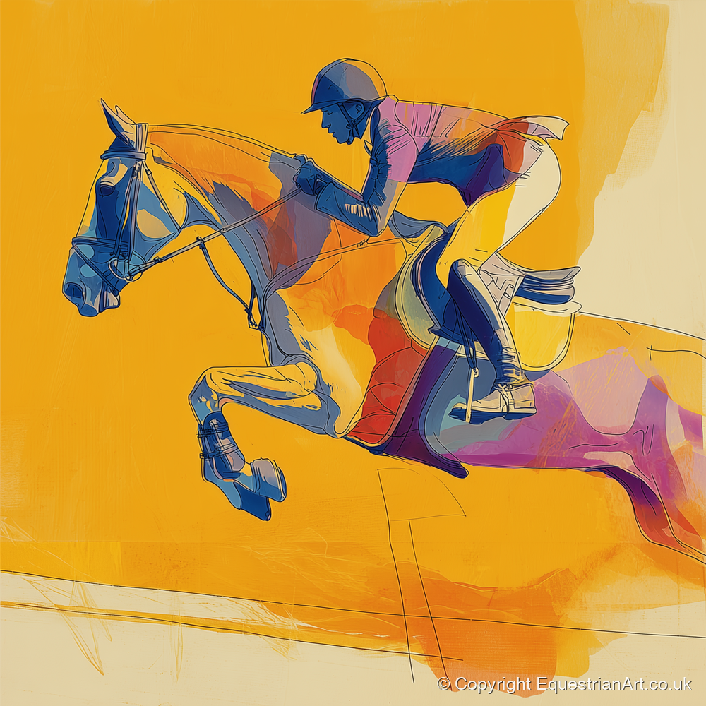 Vivid Golden Flight - show jumping horse art print and canvas by Tobias Blake A.I