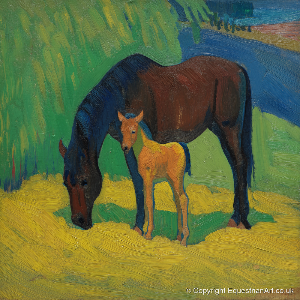 Vivid Grazing Companions - mare & foal art print and canvas by Rowan Sinclair A.I