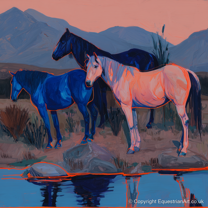 Vivid Indigo Dusk - wild horses art print and canvas by Evander Winslow A.I