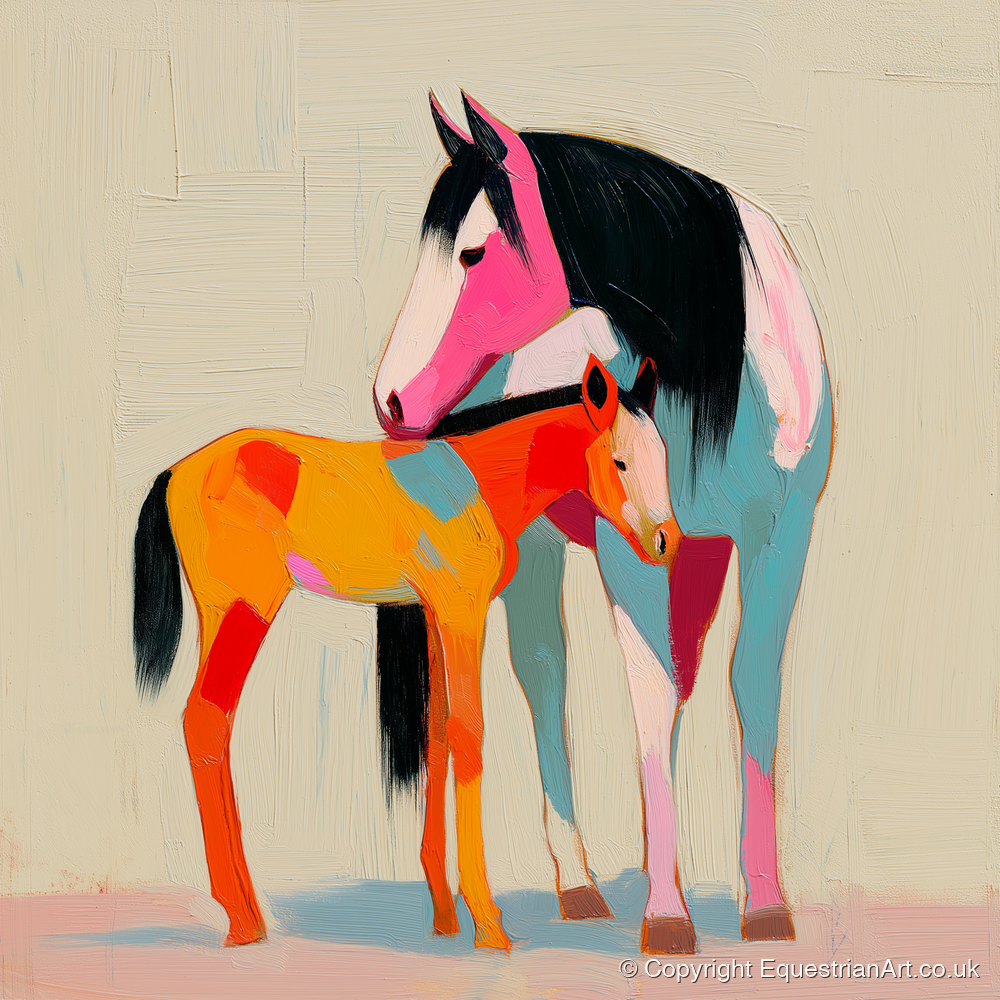 Vivid Maternal Bond - mare & foal art print and canvas by Genevieve Moore A.I