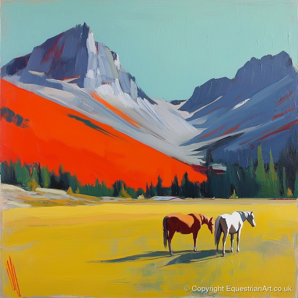 Vivid Mountain Meadow - horse landscape art print and canvas by Victor Beaumont A.I