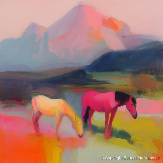 Vivid Mountain Pasture - horse landscape art print and canvas by Rosalind Pierce A.I