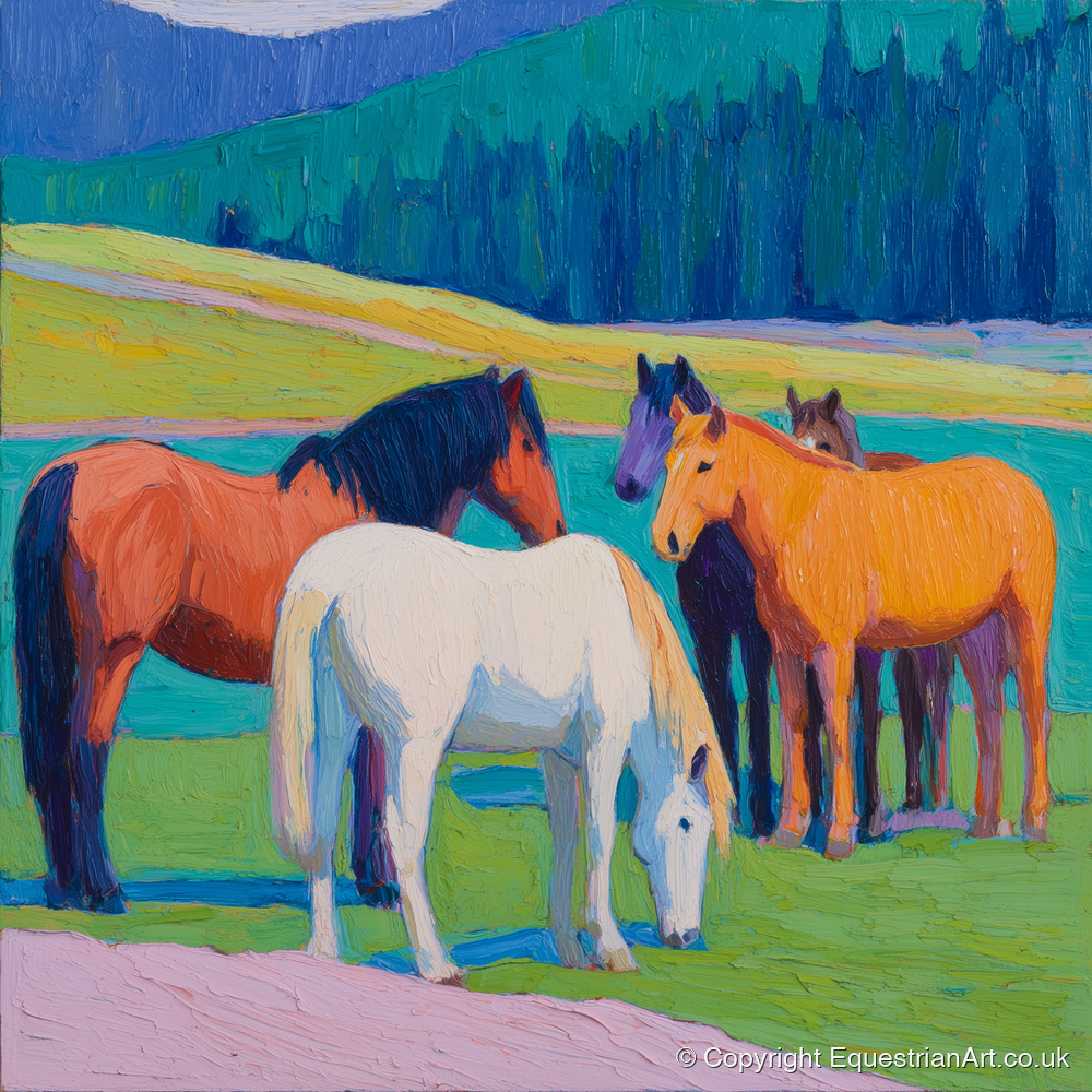 Vivid Pasture Herd - horse landscape art print and canvas by Marshall Davies A.I