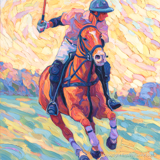 Vivid Polo Pursuit - polo horse art print and canvas by Celia Harding A.I
