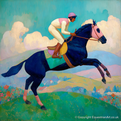 Vivid Racing Bound - racing horse art print and canvas by Aldous Trent A.I