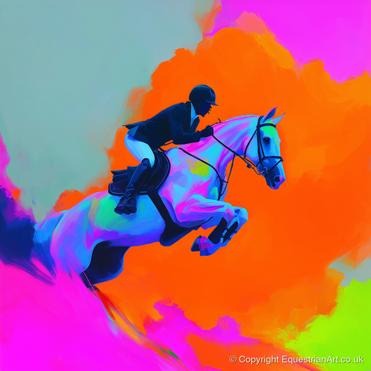 Vivid Showjumping Flight - show jumping horse art print and canvas by Lucian Prescott A.I