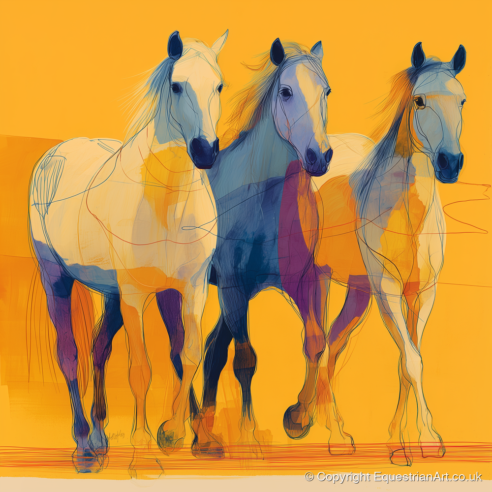 Vivid Strides in Gold - horse landscape art print and canvas by Tobias Blake A.I