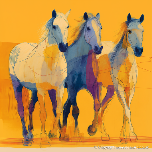 Vivid Strides in Gold - horse landscape art print and canvas by Tobias Blake A.I