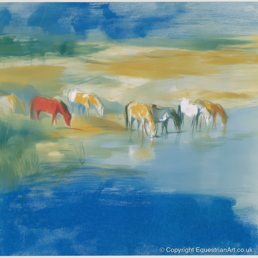 Vivid Watering Hole - wild horses art print and canvas by Emile Goddard A.I