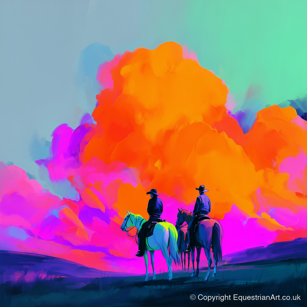 Vivid Western Horizon - horse landscape art print and canvas by Lucian Prescott A.I
