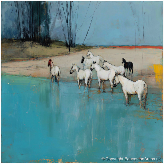 Wading in Teal Shallows - wild horses art print and canvas by Margot Davenport A.I