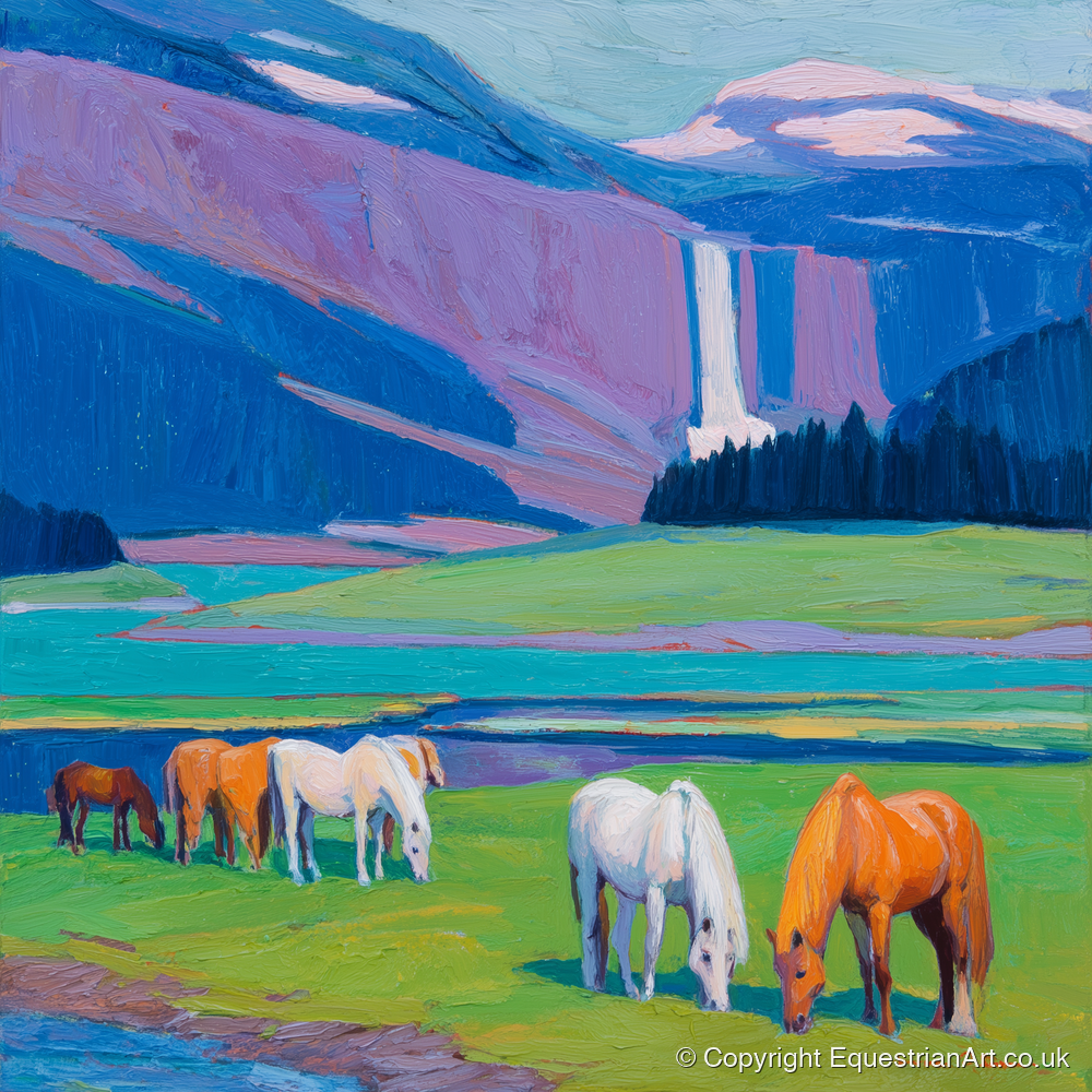 Waterfall Valley Pastures - horse landscape art print and canvas by Marshall Davies A.I