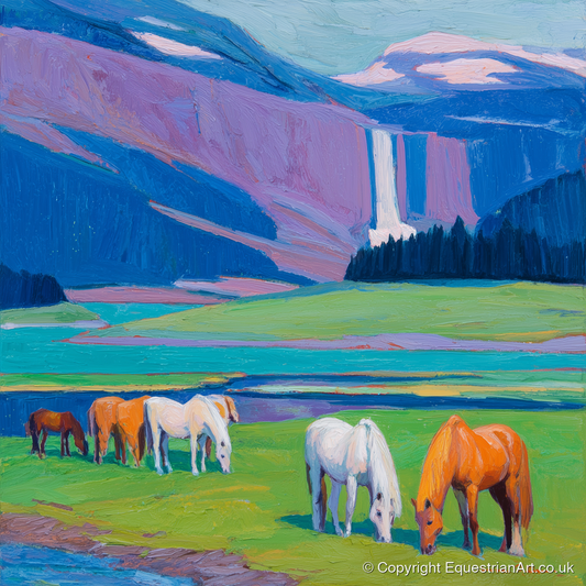 Waterfall Valley Pastures - horse landscape art print and canvas by Marshall Davies A.I