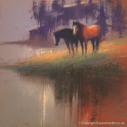 Waterside Reflections - wild horses art print and canvas by Rupert Kingsley A.I