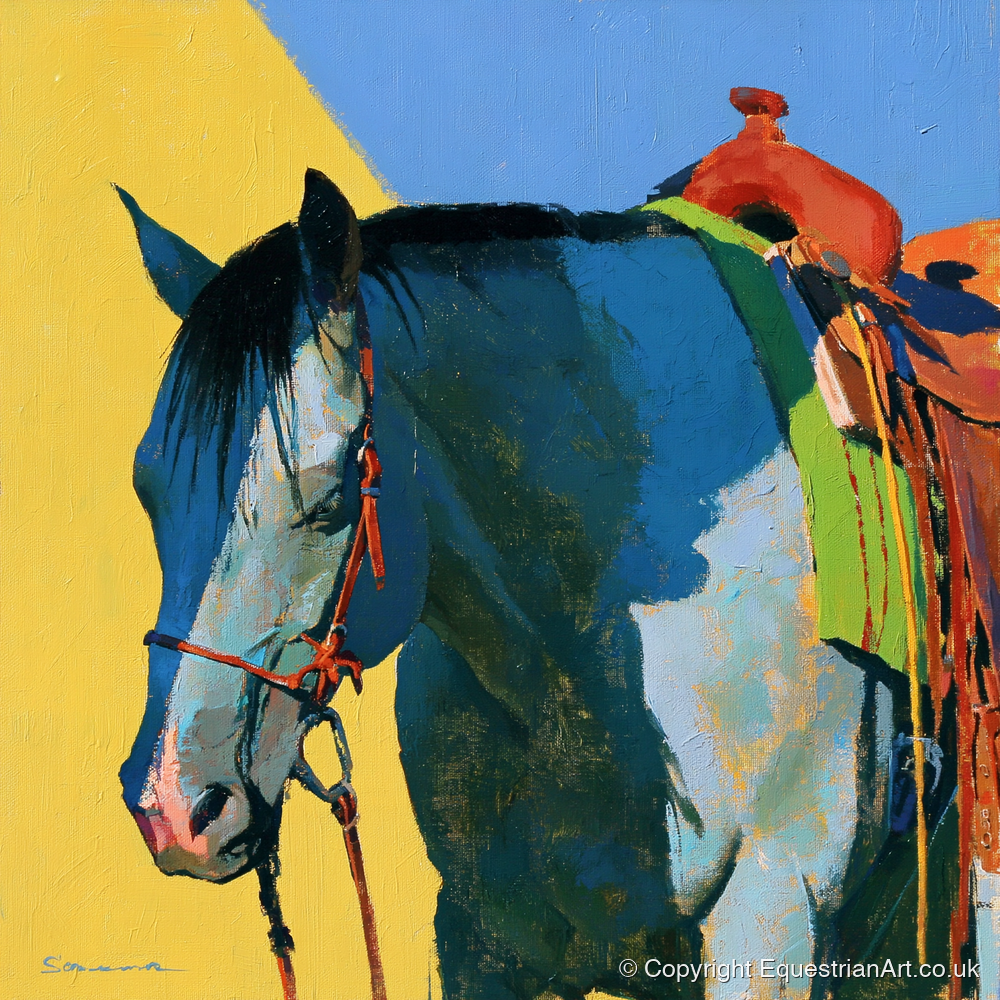 Western Horse in Blue and Yellow - horse breed art print and canvas by Daphne Morley A.I