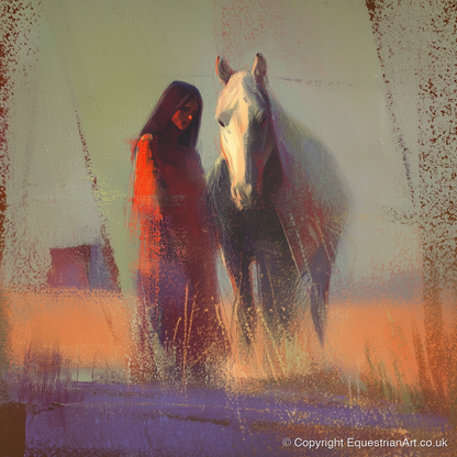 Whispers in the Haze - horse & rider art print and canvas by Rupert Kingsley A.I
