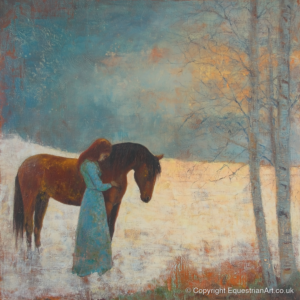 Whispers In Winter - horse & rider art print and canvas by Benedict Croft A.I