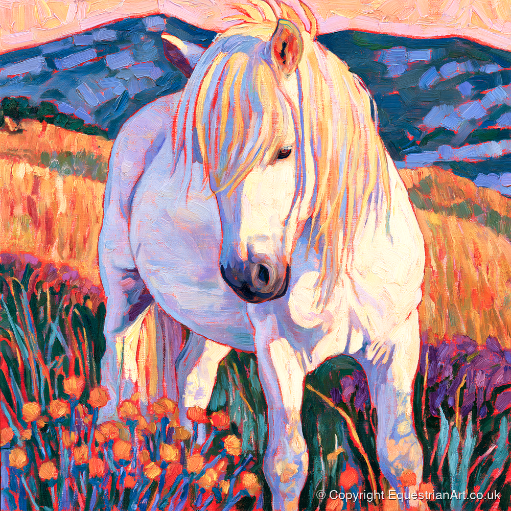 White Horse Among Orange Wildflowers - horse breed art print and canvas by Celia Harding A.I