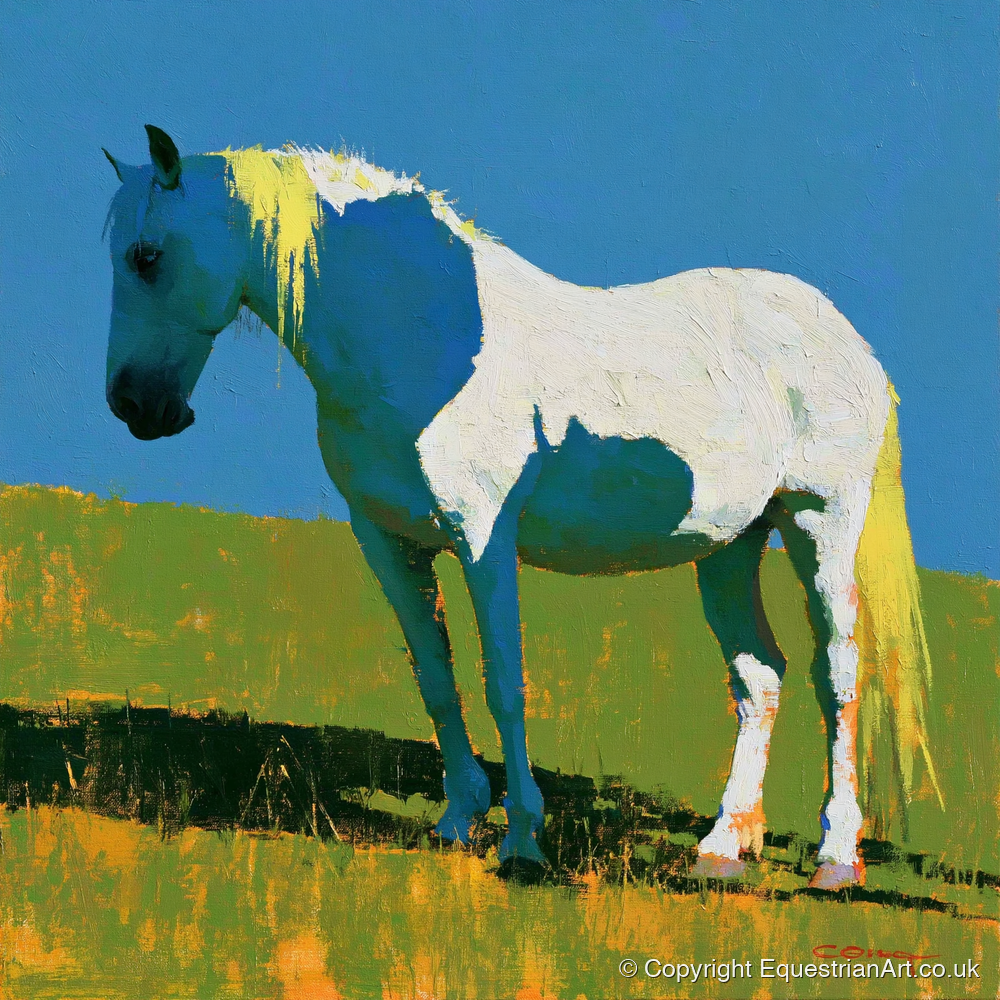 White Horse With Indigo Shadows - horse breed art print and canvas by Daphne Morley A.I