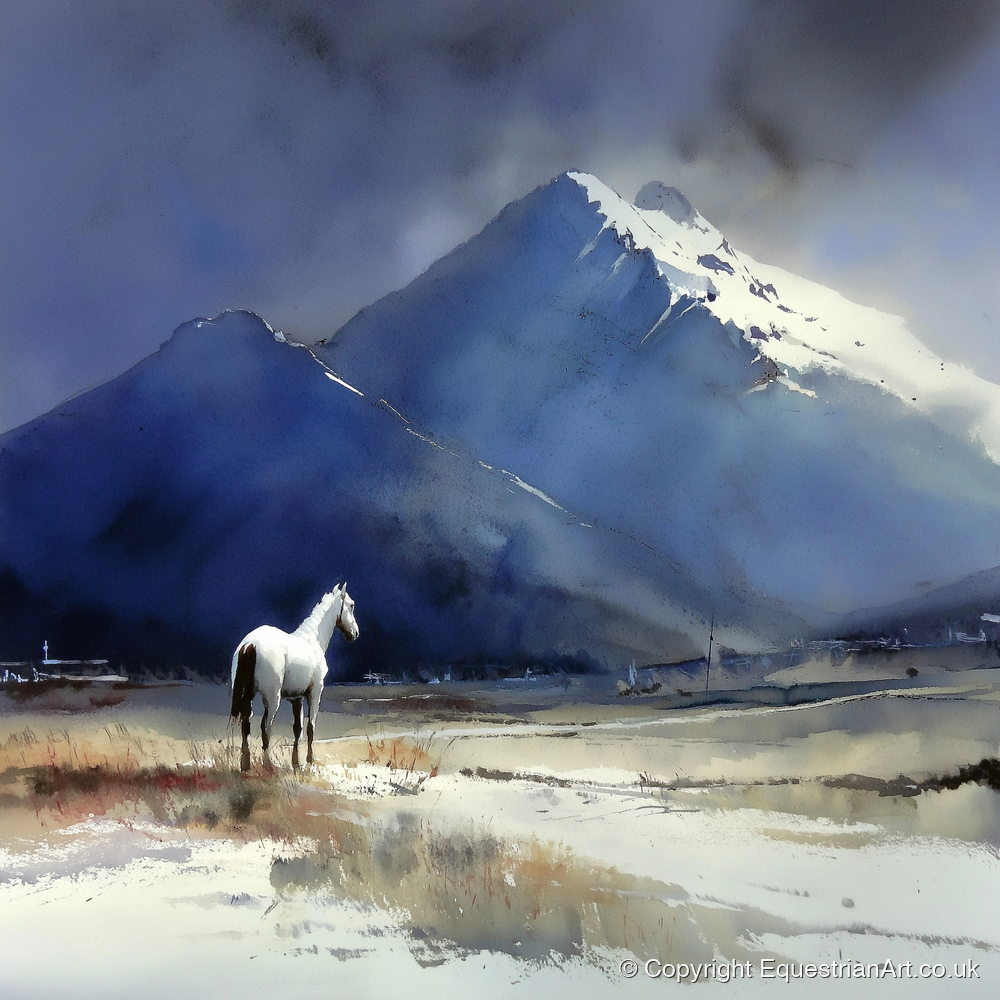 Winter Alpine Solitude - horse landscape art print and canvas by Eleanor Brooks A.I